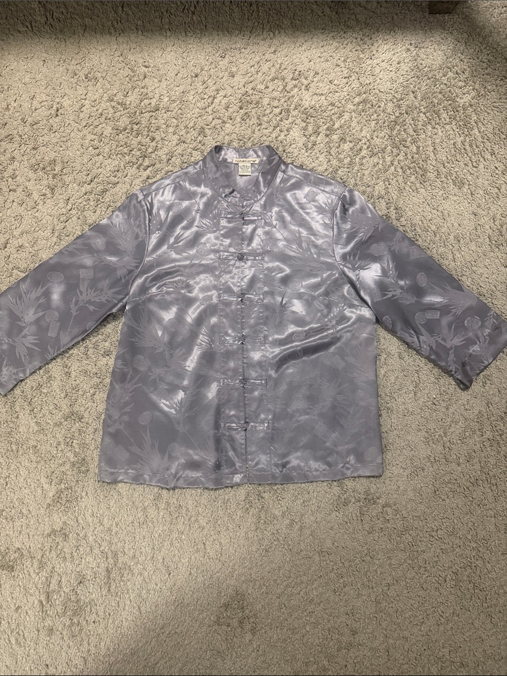 Notations Vintage Silver Satin Jacquard Mandarin Collar Frog Closure Jacket L
